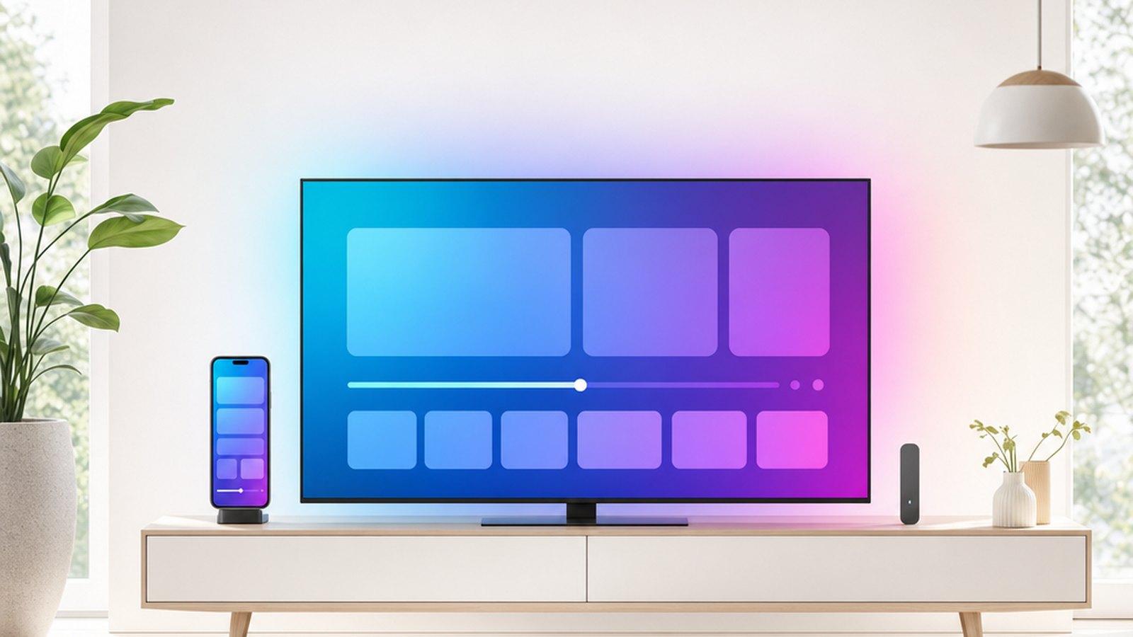 An illustration of eKoPlayer running on a television, a phone and a streaming stick.