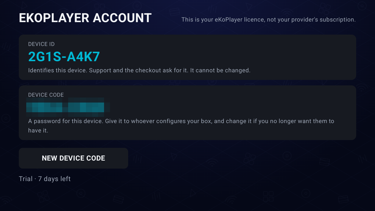 The account screen, showing the Device ID. The device code below it is obscured in this picture.