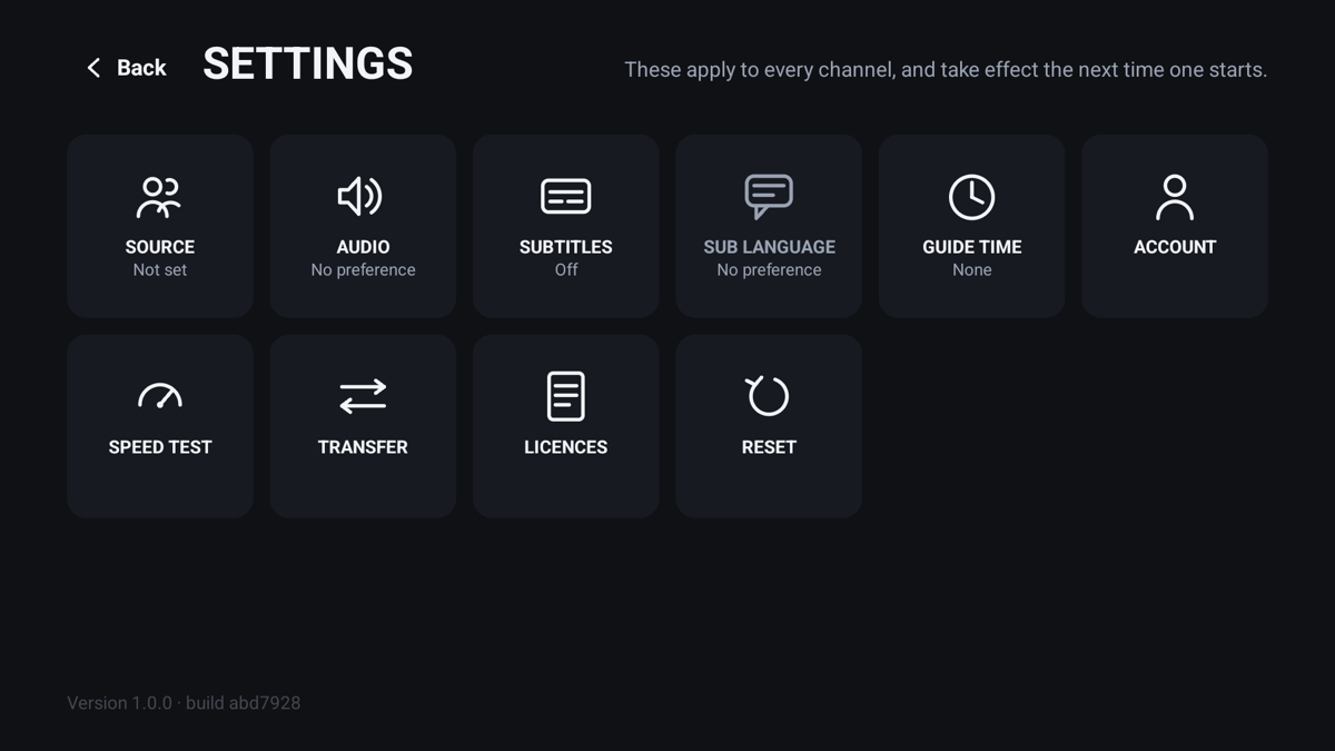 The eKoPlayer settings screen, showing source, audio, subtitle, guide and account tiles.